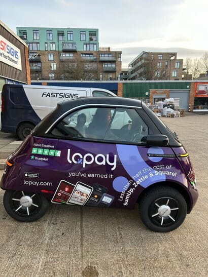An image of the side of the Lopay car showing the vehicle graphics and wraps